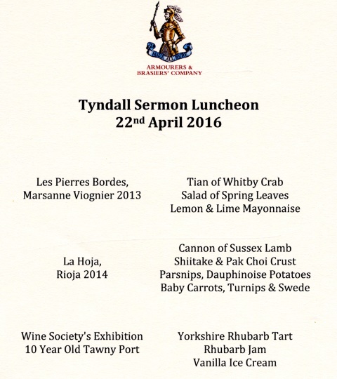 Armourers and Brasiers Company - Tyndall Sermon Luncheon, Apr 2016