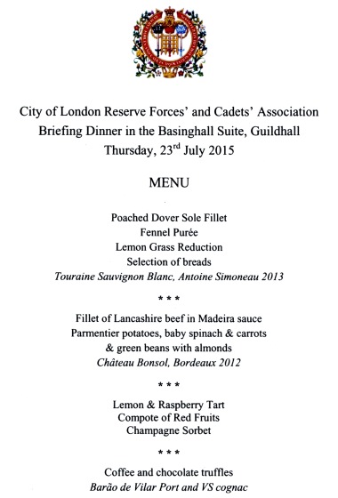 City of London Reserve Forces’ and Cadets’ Associations Briefing Dinner - July 2015, Basinghall Suite, Guildhall