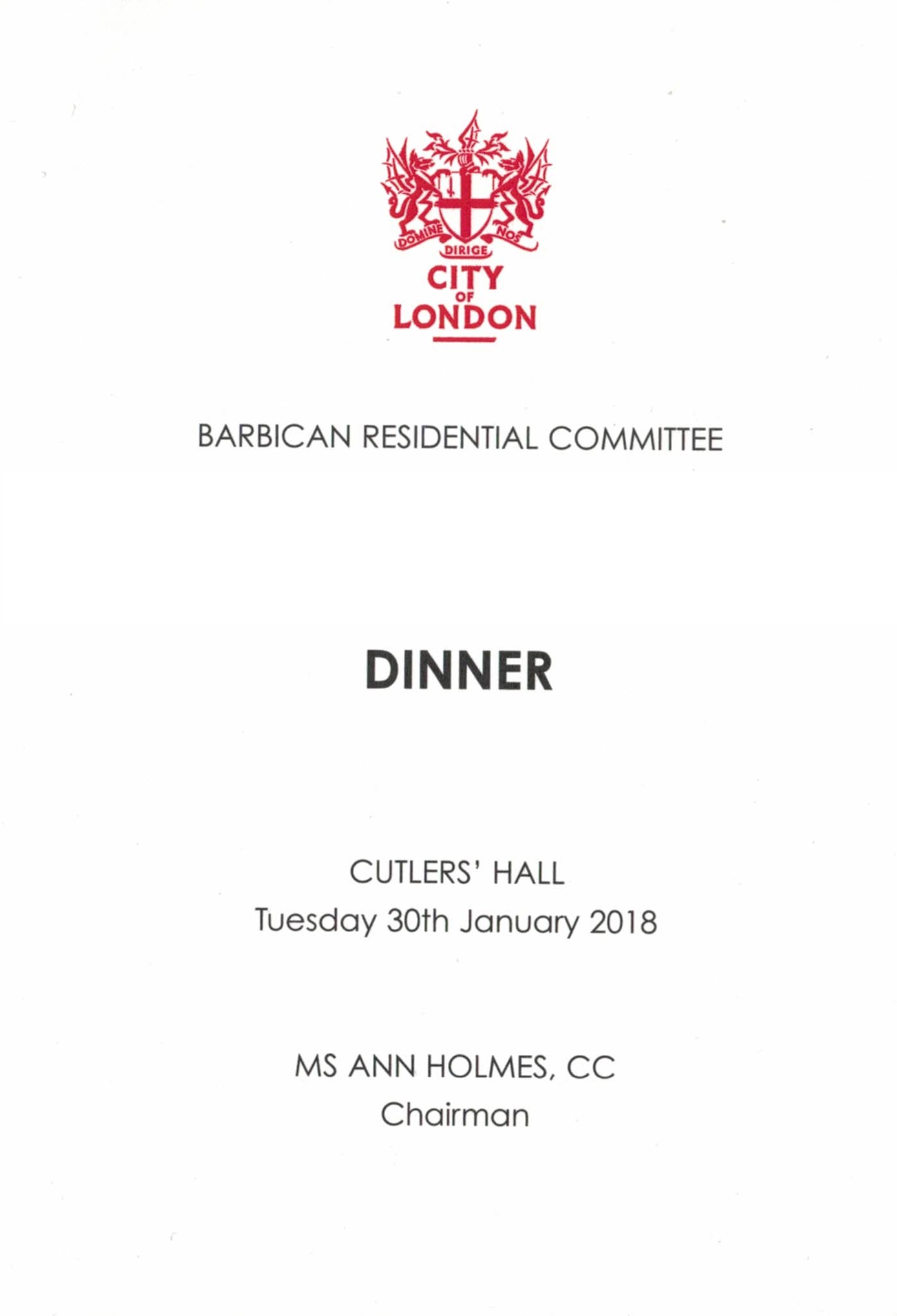 City of London Barbican Residential Committee Dinner - Cutlers' Hall Jan 2018