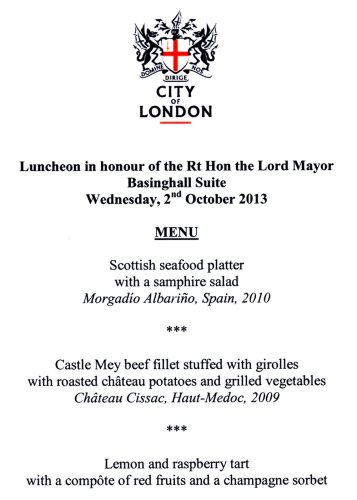 Luncheon in Honour of the Rt Hon the Lord Mayor - Basinghall Suite, Guildhall, London, October 2013