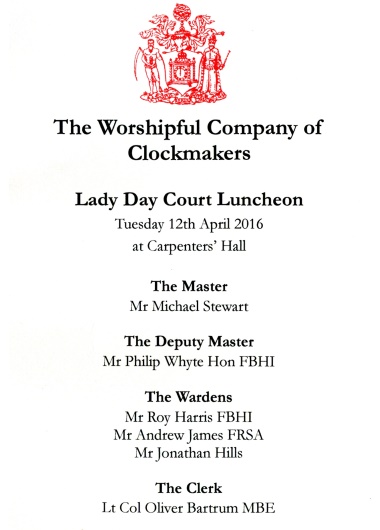 The Worshipful Company of Clockmakers - Lady Day Court Luncheon, April 2016