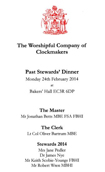 The Worshipful Company of Clockmakers - Past Stewards' Dinner, Feb 2014