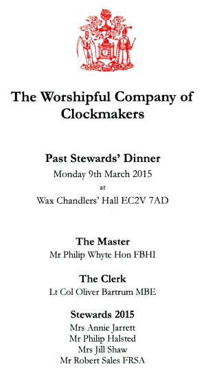 The Worshipful Company of Clockmakers - Past Stewards' Dinner, Feb 20154