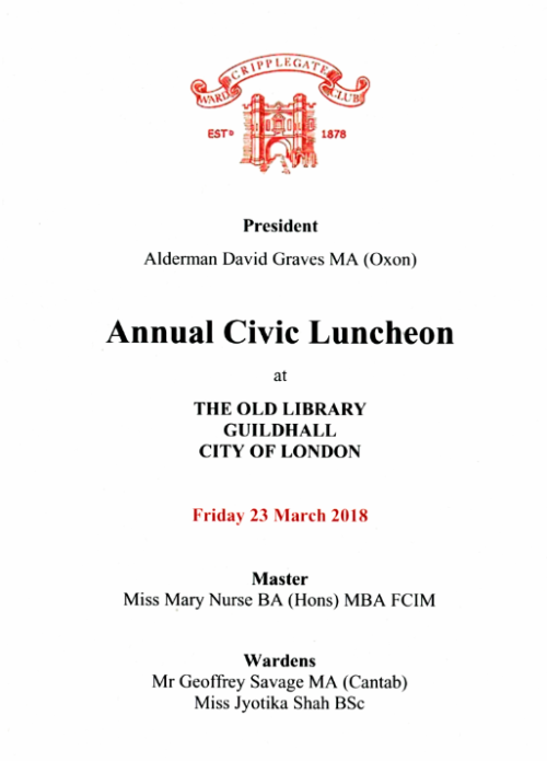 Cripplegate Ward Club - Annual Civic Luncheon 2018