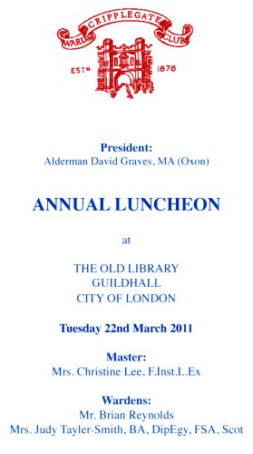 Cripplegate Ward Club Annual Luncheon, March 2011
