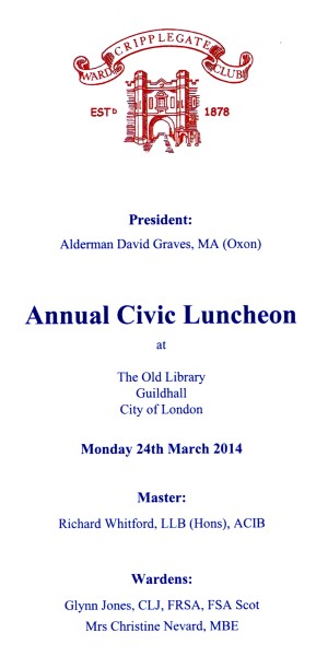Cripplegate Ward Club - Annual Civic Luncheon 2014