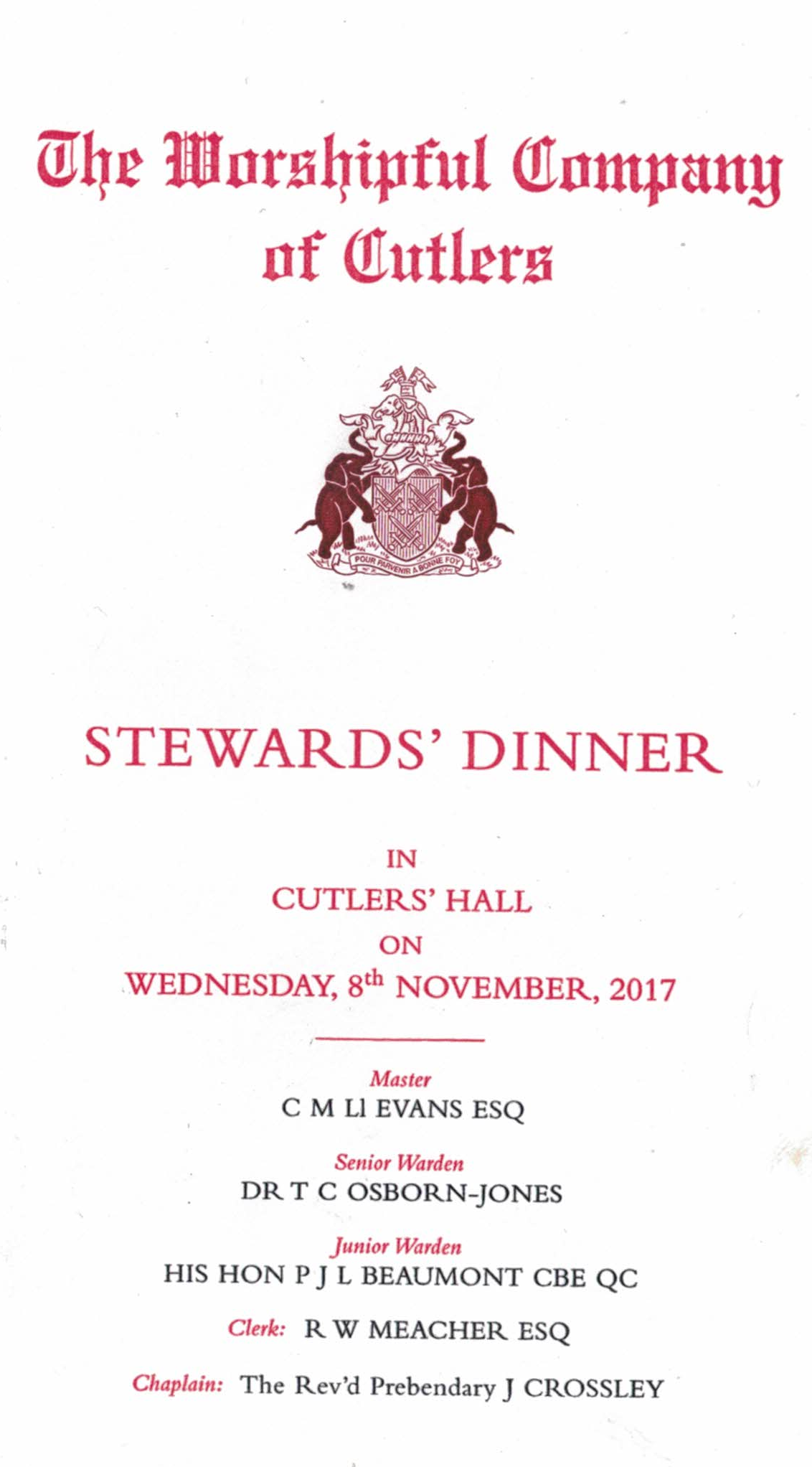 The Worshipful Company of Cutlers - Stewards' Dinner, Novermber 2017