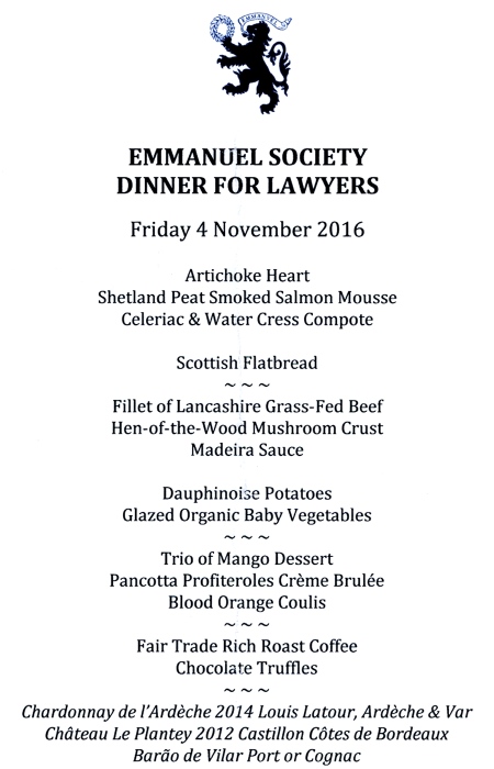 Emmanuel Society Dinner for Lawyers - Cutlers' Hall, Nov 2016