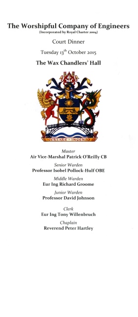 The Worshipful Company of Engineers - Court Dinner, Wax Chandlers’ Hall, Oct 2015