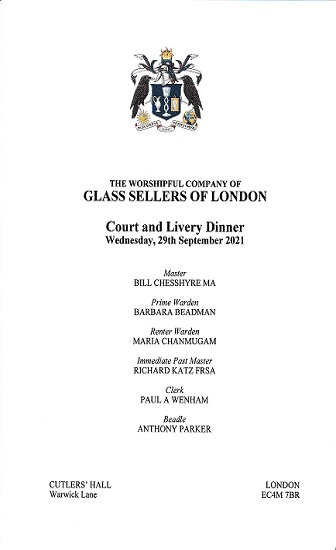 The Worshipful Company of Glass Sellers of London - Livery Dinner, Sept 2021