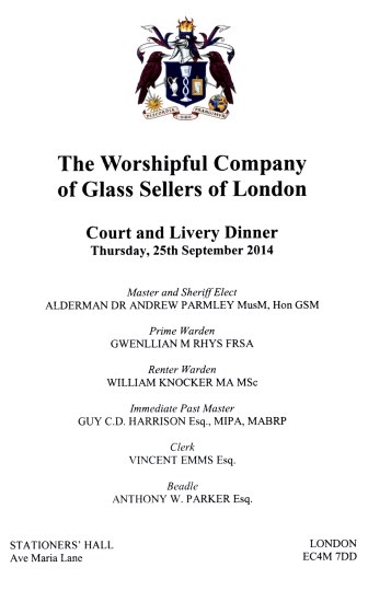 The Worshipful Company of Glass Sellers of London - Livery Dinner, Sept 2014