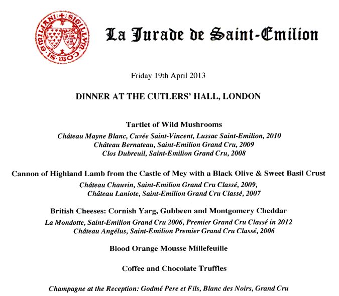 Jurade de Saint Émilion - Dinner at Cuttlers' Hall, April 2013