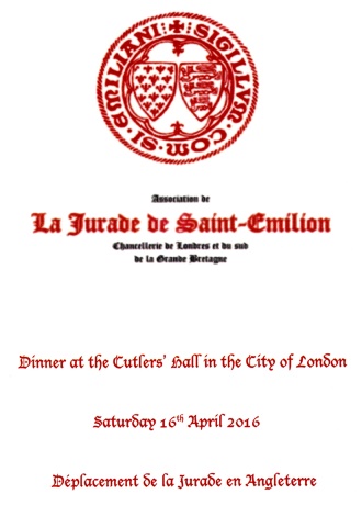 Jurade de Saint Émilion - Dinner at Cuttlers' Hall, April 2016