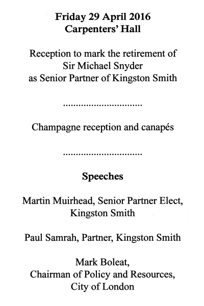 Kingston Smith - Champagne Reception at Carpenters' Hall, May 2016