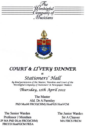 Musicians Company Court & Livery Dinner, April 2012