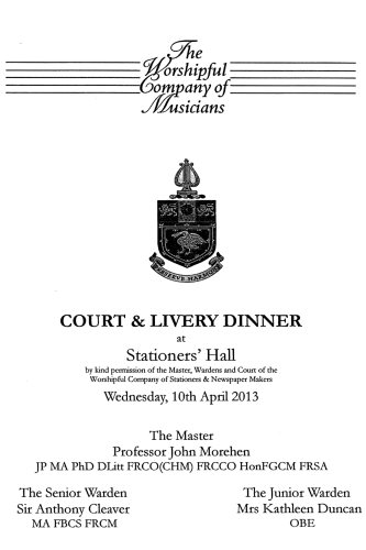 Musicians Company Court & Livery Dinner, April 2013