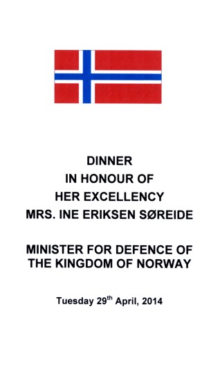 Dinner in Honour of Norwegian Minister of Defence Ine Eriksen Søreide
