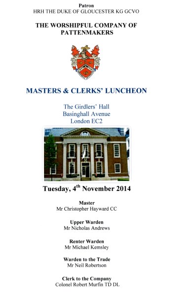 Patternmakers Company - Masters and Clerks' Luncheon, Nov 2014