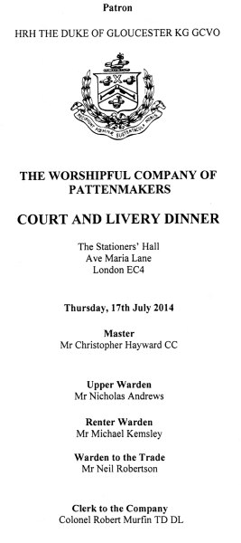 Patternmakers Company Court & Livery Dinner, July 2014