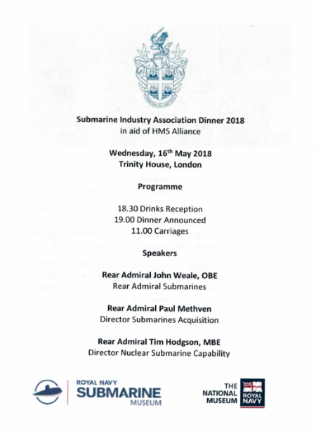 Submarine Industry Association Dinner - Trinity House, May 2018