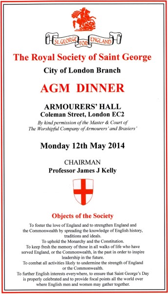 The Royal Society of Saint George, City of London Branch AGM Dinner - Armourers' Hal, lMay 2014
