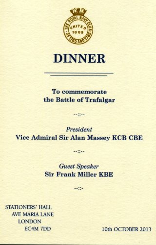 Royal Navy Club of 1765 and 1785 (united 1889) Dinner to commemorate the Battle of Trafalgar October 2013, Stationers' Hall, London