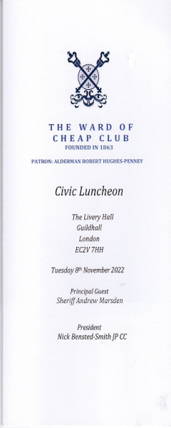 Ward of Cheap Club - Civic Luncheon, nov 2022,  Guildhall.