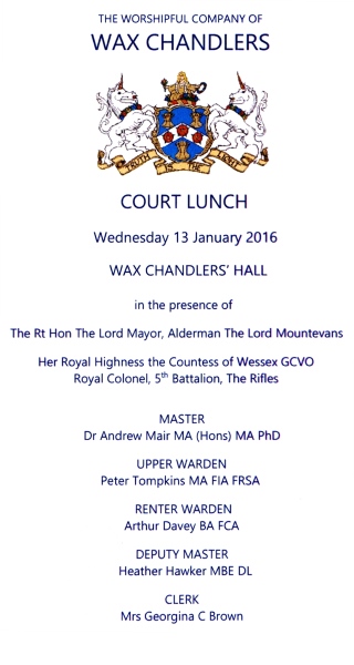 The Worshipful Company of Wax Chandlers - Court Lunch, Jan 2016