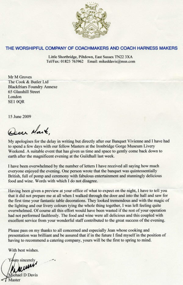 letter re The Award to Industry Banquet in aid of Help for Heroes, June 2009