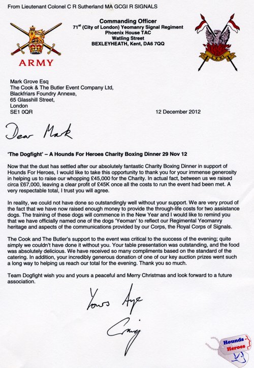 Hounds for Heroes letter, December 2012