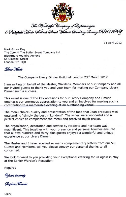 Letter from Lightmongers Company re Livery Dinner at Guildhall,April 2012