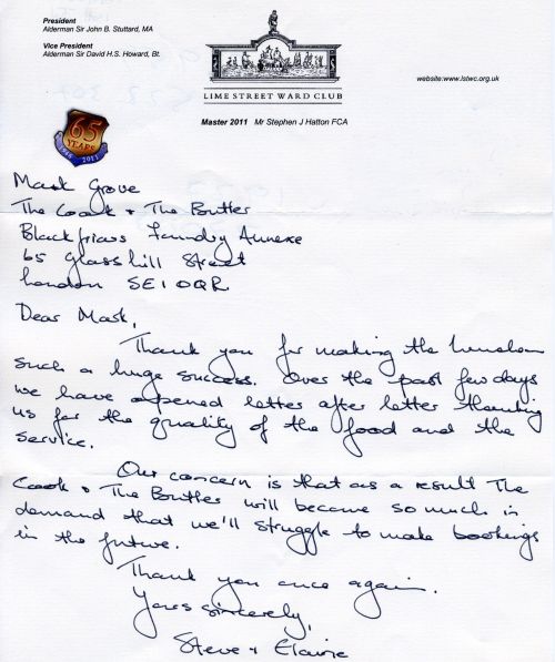 Lime Street Ward Club - thank you letter, May 2011