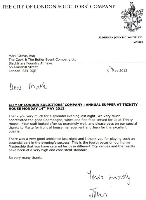 London Solicitors' Company thank you letter following their Annual Supper at Trinity House, May 2012