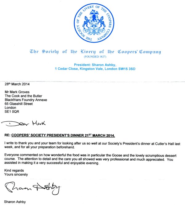 letter from Coopers Company re Presidents Dinner at Cutlers Hall, March 2014