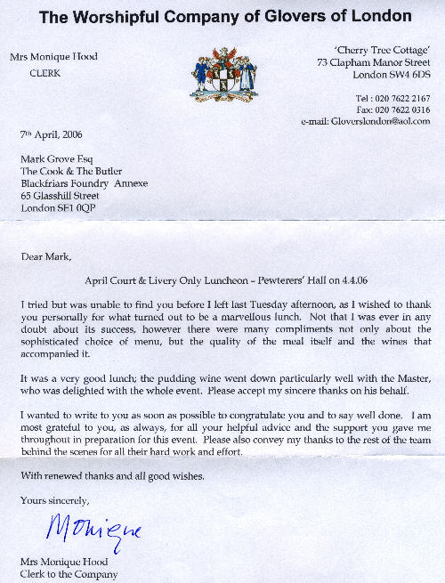 The Worshipful Company of Glovers letter, April 2006