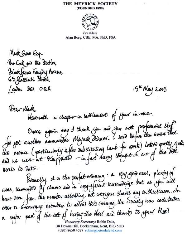 letter from Meyrick Society - April 2015