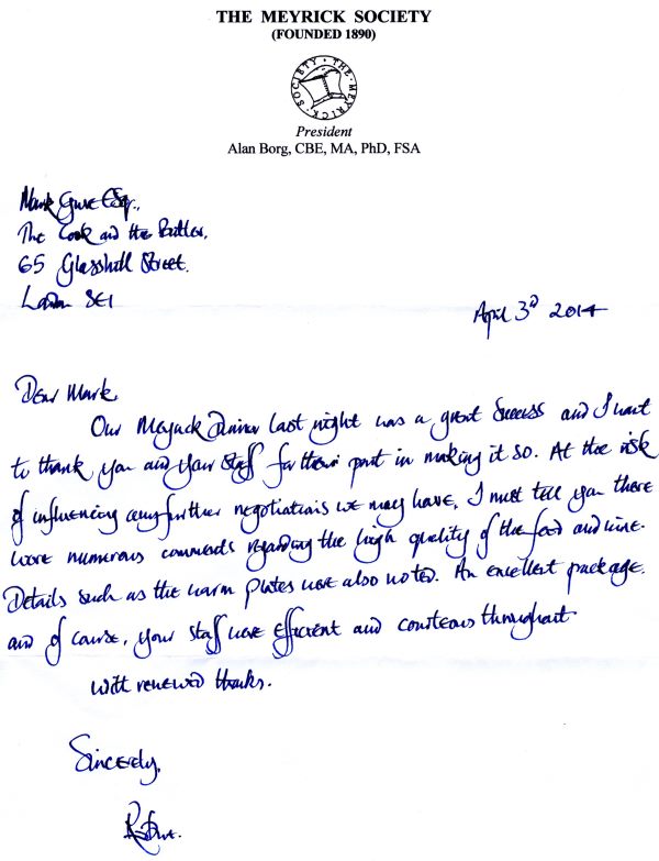 letter from Meyrick Society - April 2014